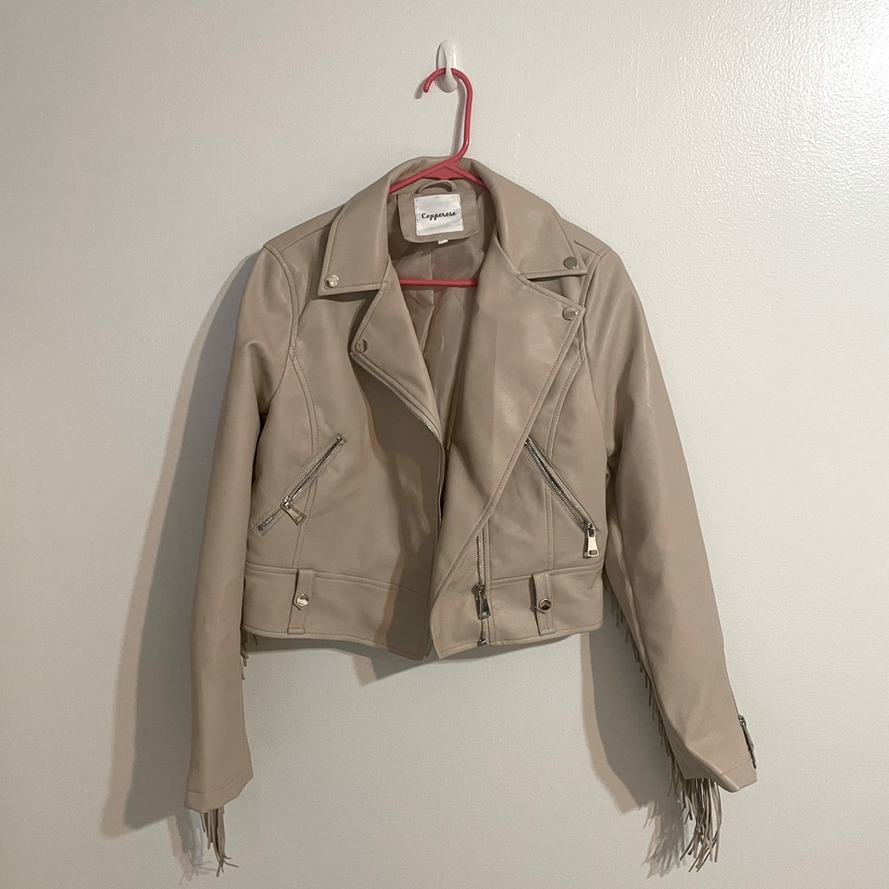 Tan Faux Leather Fringe Jacket